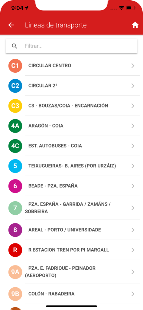 Vigo App - Concello de Vigo - Mobile screen showing a list of public transport bus lines in the Vigo city app