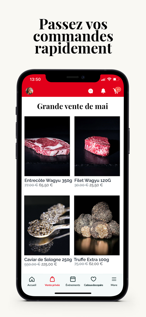 Pépites Club - Teléfono inteligente que muestra la aplicación Pepites Club con una selección de productos alimenticios gourmet premium que incluyen carne de res Wagyu y caviar