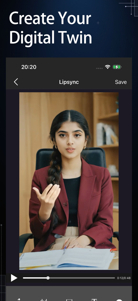 Lipsync: Clone Voice & Avatar - Un gemelo digital de IA profesional de una mujer con traje de negocios creado con la aplicación Lipsync.