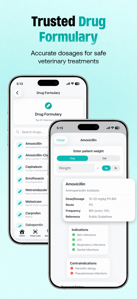 PetMed: Vet Calc & Drugs - PetMed app screenshot showing a comprehensive veterinary drug formulary and an amoxicillin dosage calculator for dogs and cats.