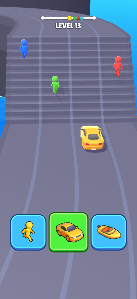 A yellow car racing on a staircase track with transformation options for runner car and boat in Wheels Change Challenge