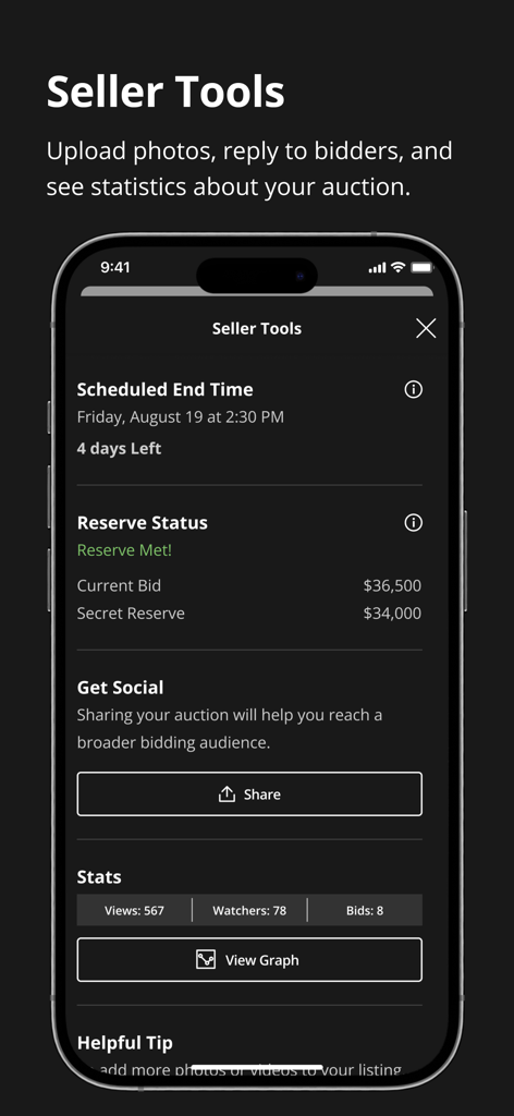 Bring a Trailer app seller tools dashboard showing auction end time reserve status and listing statistics