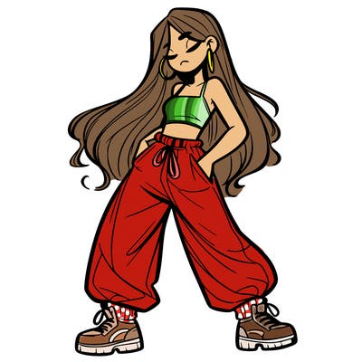 girl in baggy pants crop top and long hair