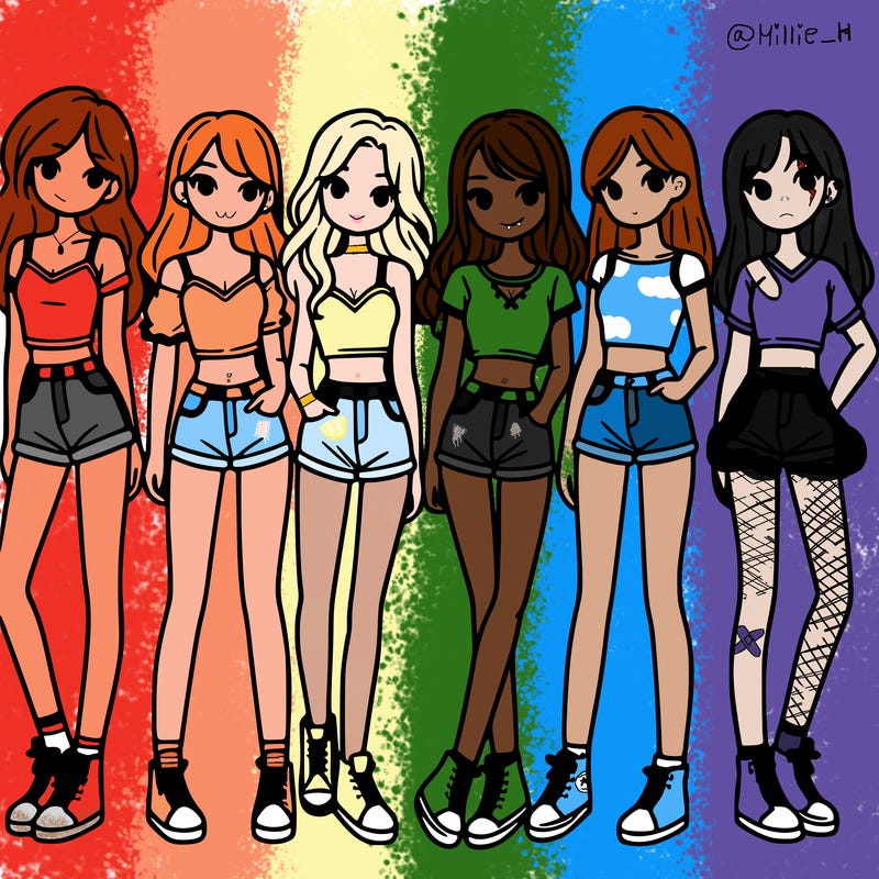 a group of girls wearing crop tops and shorts