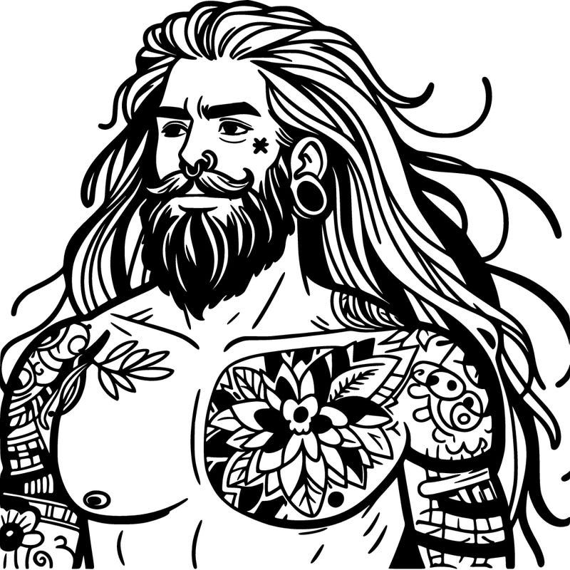 tattooed man with long hair and beard shirtless