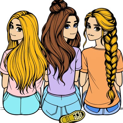 realistic group of three girls one with long hair and one with shoulder length hair and one with a braided bun sitting down from behind