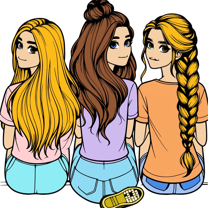 realistic group of three girls one with long hair and one with shoulder length hair and one with a braided bun sitting down from behind