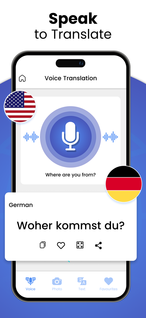 Translate Voice Translator App - Smartphone-Bildschirm, der eine Sprachübersetzung von Englisch nach Deutsch zeigt.