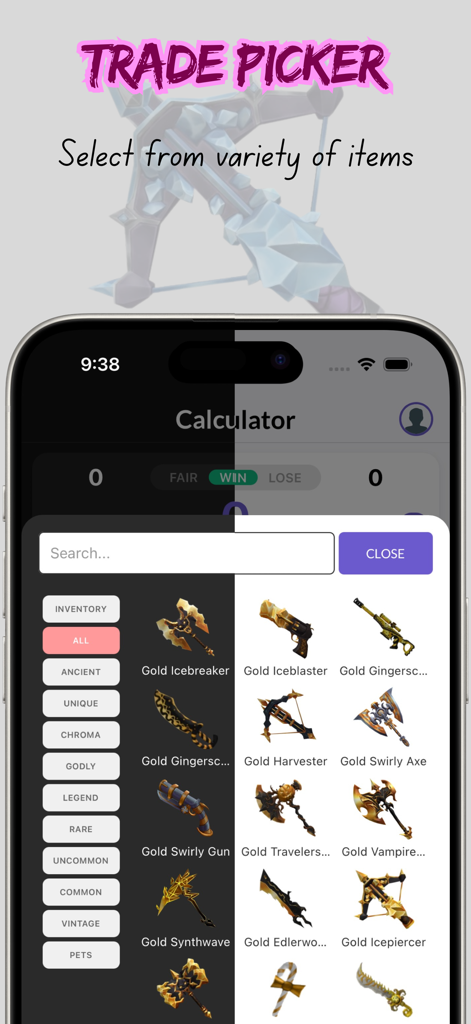 Mystery Trade Checker - Mystery Trade Checker app interface showing the Trade Picker with various gold Murder Mystery 2 items.
