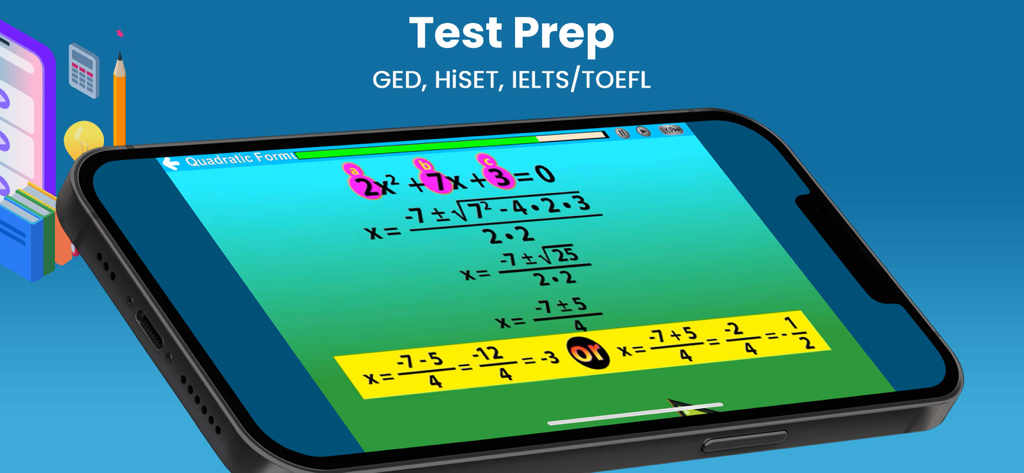 Learning Upgrade app math lesson on quadratic formulas for GED and HiSET test prep