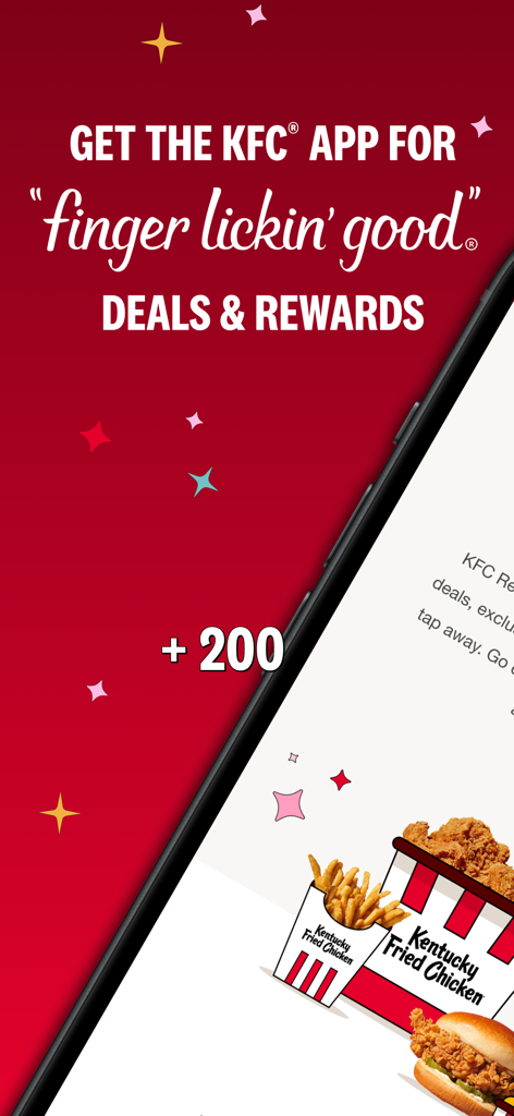 Promotional screen for the KFC US app featuring deals and rewards with fried chicken meals