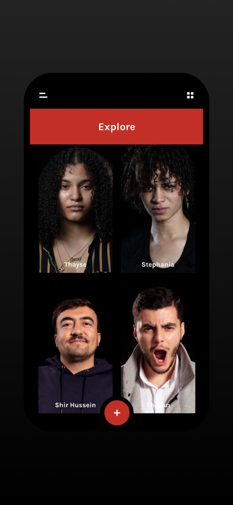 Emosee - Explore screen of the Emosee app showing a grid of diverse portraits with different facial expressions