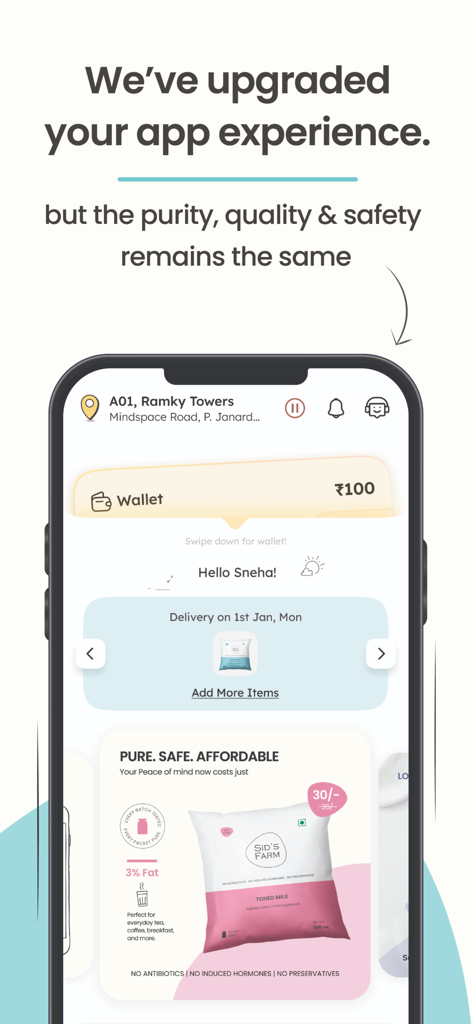 Sid’s Farm - Pure Tested Milk - Mobile app interface of Sids Farm showing a personalized dashboard for milk delivery subscriptions and wallet balance