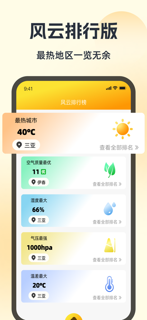 天气预报-精准实时天气助手 - Écran de l'application de prévisions météorologiques affichant les classements des villes par température et qualité de l'air