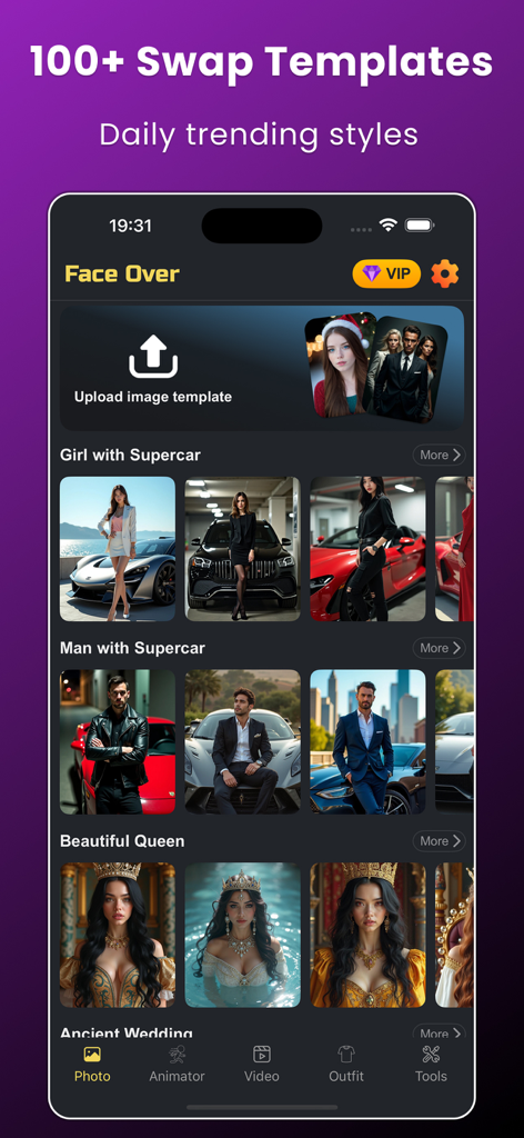 Face Over: AI Face Swap - Face Over app interface displaying various photo face swap templates including supercar and queen themes.