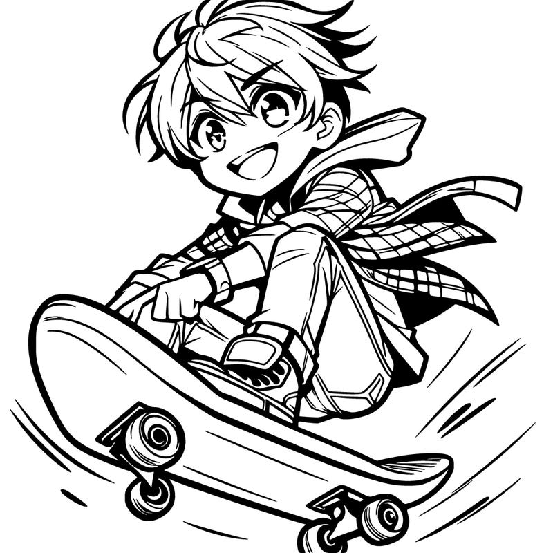 anime boy riding on a skateboard in the air wind blowing in there hair smiling having fun