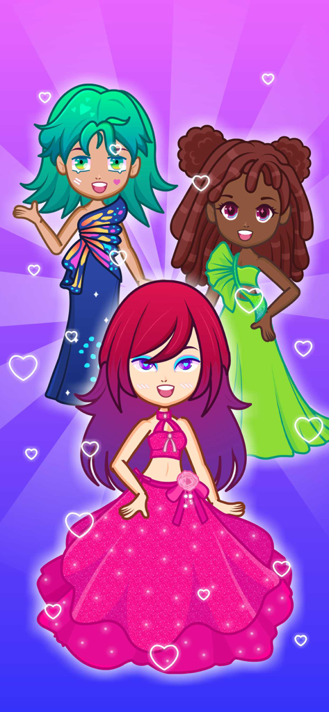 Three cartoon girls in colorful ball gowns and stylish dresses on a purple background with white hearts.