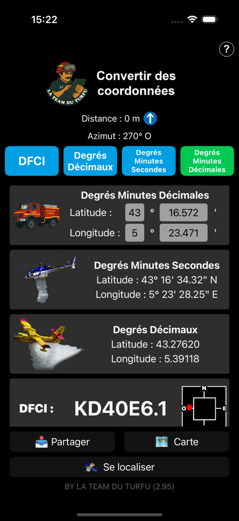 GeoBaroud - Screenshot dell'app mobile GeoBaroud che mostra strumenti di conversione delle coordinate per vigili del fuoco con più formati di posizione come DFCI e DMS