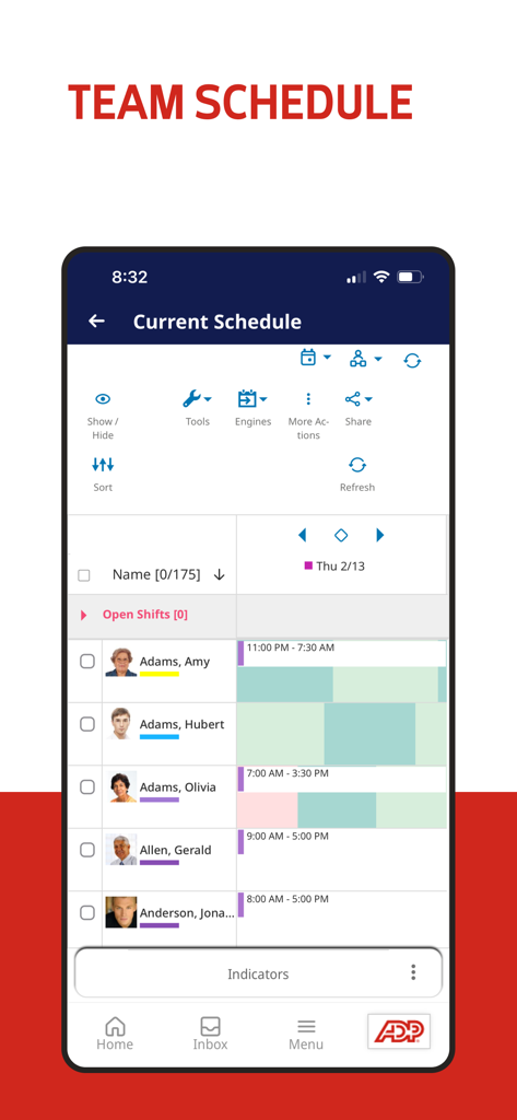 ADP My Work - Interface of the ADP My Work app showing the current team schedule with employee names and shift timelines.