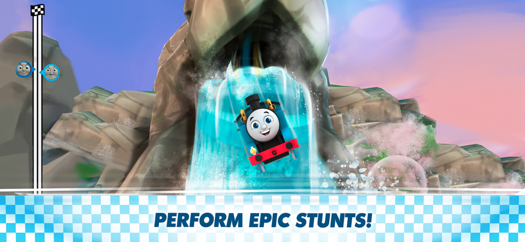 Thomas the Tank Engine sliding down a blue waterfall with the text perform epic stunts