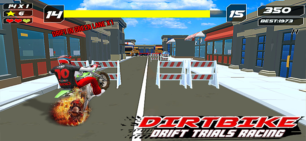 Dirt Bike Drift Trails Racing - A dirt bike performing a wheelie with flaming tires on an urban track in the Dirt Bike Drift Trails Racing game.