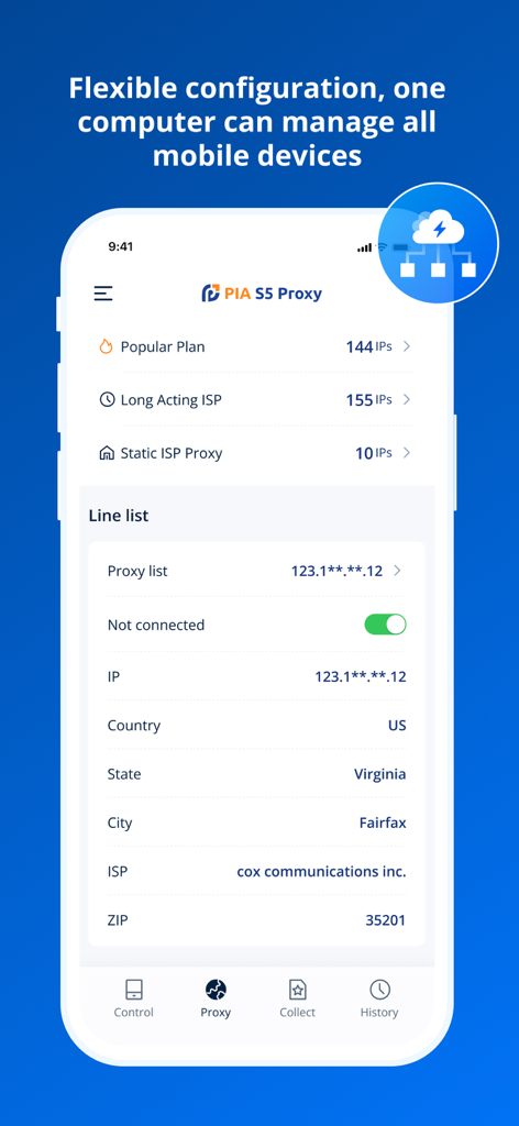 Interface of the PIA S5 Control app showing US residential proxy details and IP address configuration