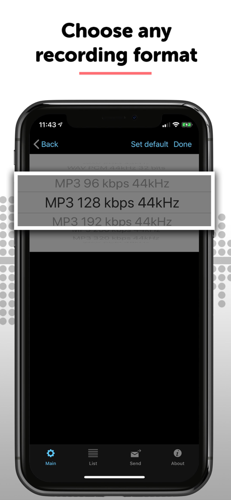 Dictaphone - Audio Recorder - Selecting an audio recording format and bitrate in the Dictaphone app settings