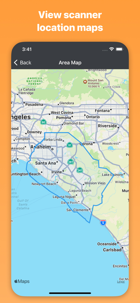 A map interface in the Police Scanner Radio app showing coverage areas for local scanners in California