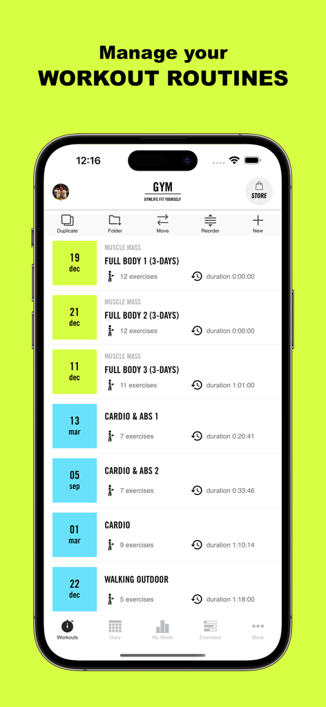 Workout Planner - Gym Life - Mobile app interface showing a list of managed workout routines including full body and cardio sessions