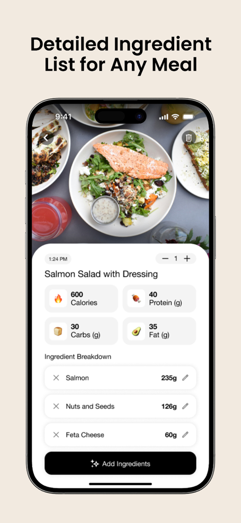 FitHub - AI Calorie Tracker - FitHub app interface showing a detailed ingredient list and macronutrient breakdown for a salmon salad.