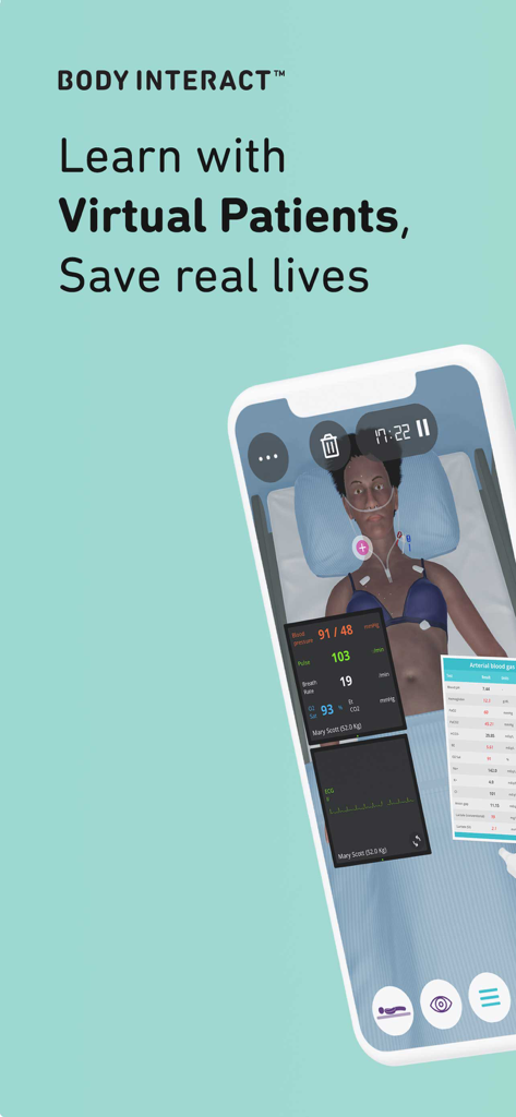 Body Interact - Body Interact clinical simulator app featuring a virtual patient with vital signs and medical reports.