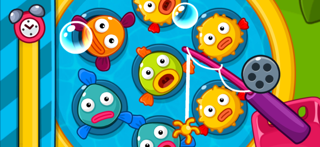 Un mini-gioco di pesca colorato e a cartoni animati con pesci luminosi e una canna da pesca giocattolo