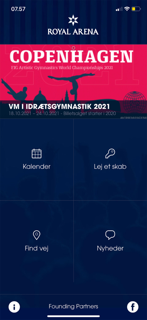 Main dashboard of the Royal Arena mobile app showing menu options for event calendar locker rental directions and news