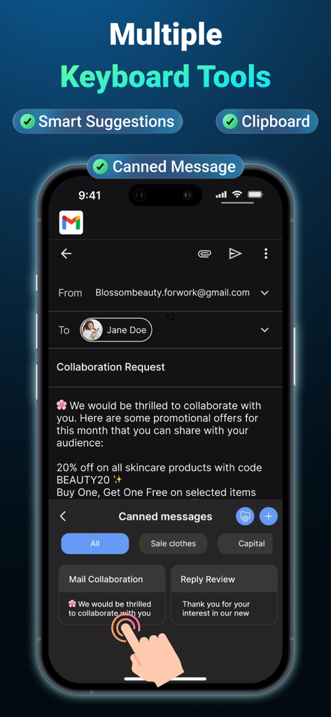 AI Keyboard: Grammar & Writer - Un smartphone que muestra la función de mensajes predefinidos del teclado IA utilizada para respuestas rápidas de correo electrónico.