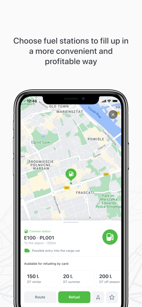 Interface do aplicativo E100 mobile mostrando um mapa com a localização de um posto de combustível e limites de reabastecimento para motoristas