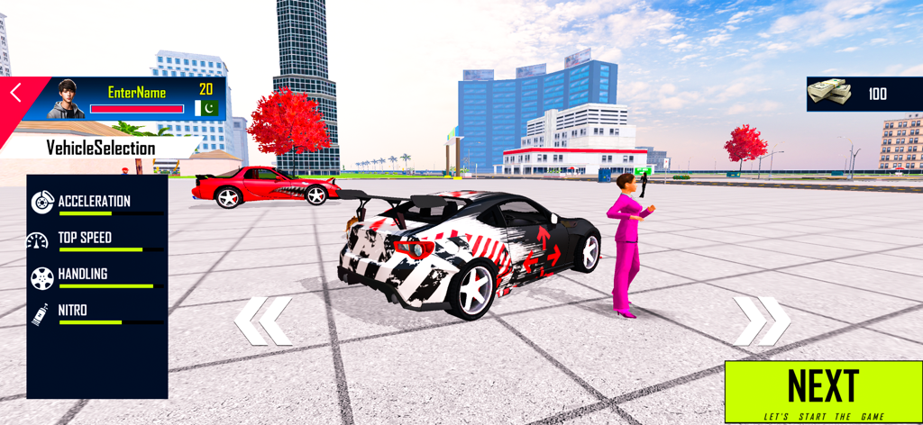 Driving Academy Car Game - Tela de seleção de veículo na Autoescola mostrando um carro esportivo e estatísticas de desempenho.