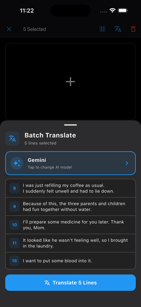 Trans With Me - Mobile app screen for batch translating subtitles using Google Gemini AI