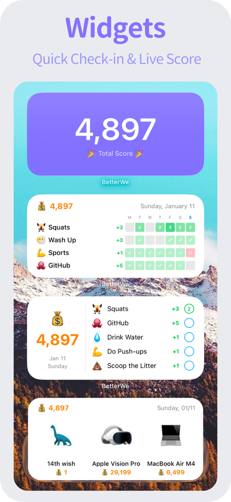 BetterWe - Habit Todo Wish - BetterWe app widgets displaying gamified habit tracking points total daily activity logs and a rewards wish list