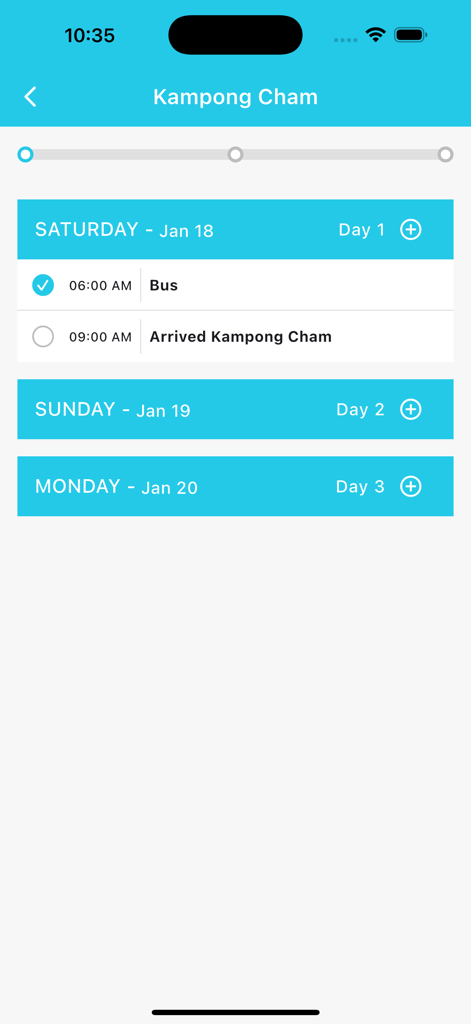 Mobile app screen displaying a daily travel itinerary with time-stamped activities for a trip to Kampong Cham.