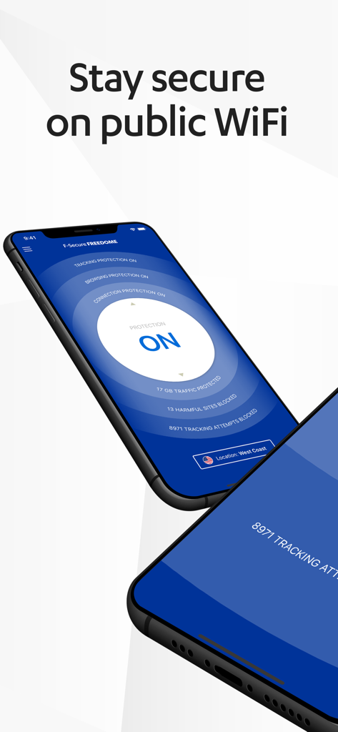 Aplicación F-Secure FREEDOME VPN en iPhone mostrando protección activa para la seguridad de Wi-Fi público