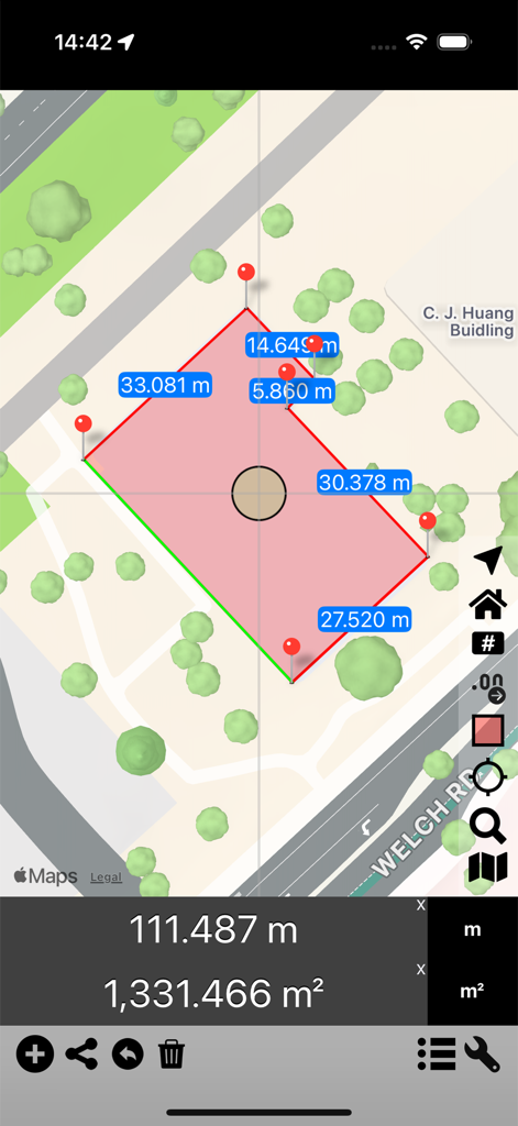 Area & Distance - Map Measure - App interface measuring land area and distance on a map with pins