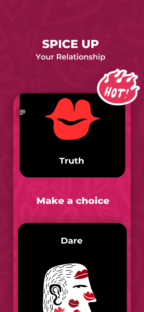 Truth or Dare mobile app screen with Truth and Dare options for couples with a hot level theme