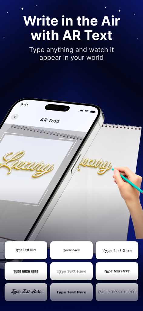 AR Drawing Paint & Sketch 4+ - A hand tracing a golden 3D text projection onto a physical sketchbook using the AR Drawing app