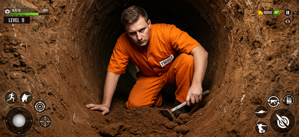 Jail Break Prison Escape Game - A character in an orange prison uniform digging a secret tunnel for a jailbreak escape.