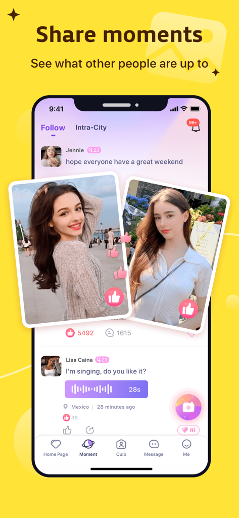 Interfaz de la aplicación MeYo que muestra la pantalla de compartir momentos con perfiles de usuario y el feed de actividad social.