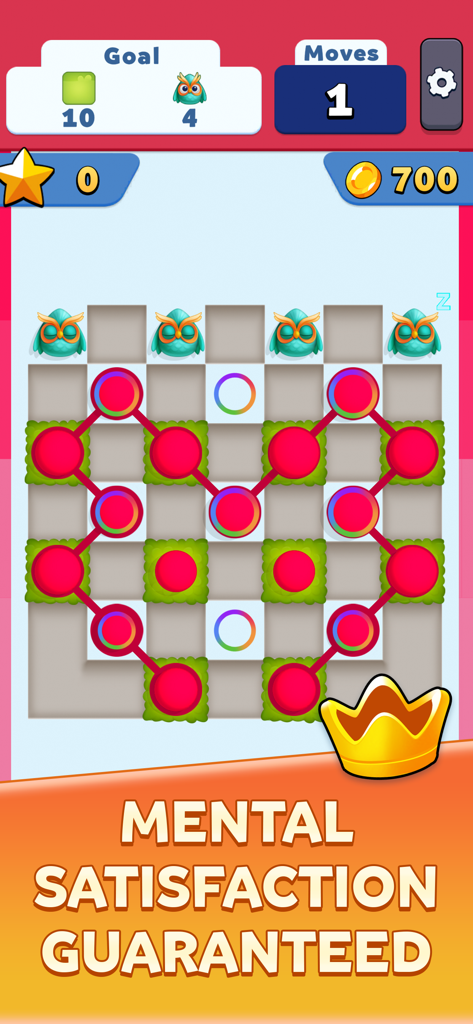 A gameplay screenshot of Collect Em All showing a chain of red dots connected on a grid with the text Mental Satisfaction Guaranteed