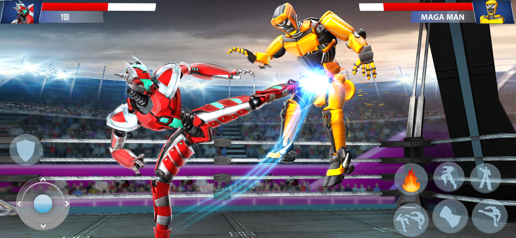 Real Robot Boxing : Macarena - Two mecha robots fighting in a stadium ring in Real Robot Boxing