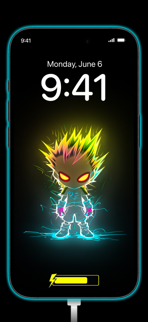 Eine leuchtende Neon-Anime-Ladeanimation auf dem Sperrbildschirm eines iPhones mit Akkuanzeige
