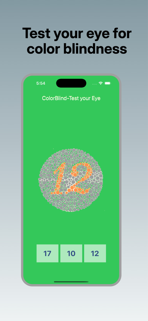 Tela de smartphone mostrando uma placa de teste de daltonismo de Ishihara com o número 12 em pontos laranjas contra pontos cinzas em um fundo verde.