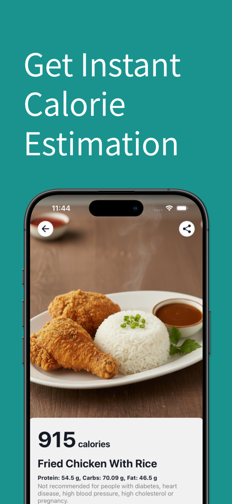 Tied app displaying instant calorie estimation for fried chicken and rice